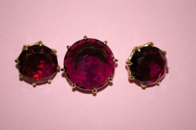 +MBA #16-504  Antique Purple Glass Pin & Clip On Earring Set