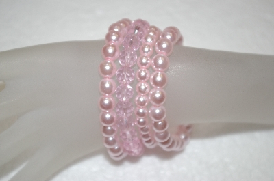 +MBA #16-467  Set Of 4 Pink Glass Pearl & Pink Crystal Stretch Bracelets