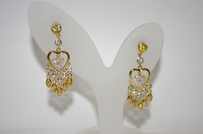+MBA #19  Gold Plated Clear  & Yellow CZ Heart Drop Earrings