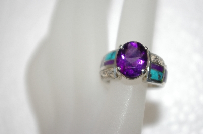 +MBA #20-190  Amethyst, Turquoise & Charolite Inlay Sterling Ring