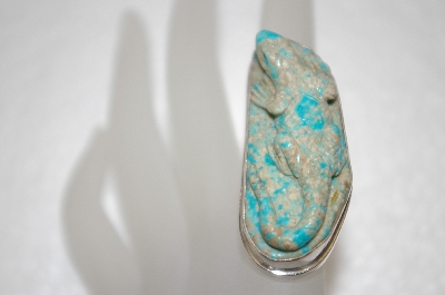 + MBA #20-337   "Artist  "KH"  Signed Hand Carved Turquoise Lizzard Ring