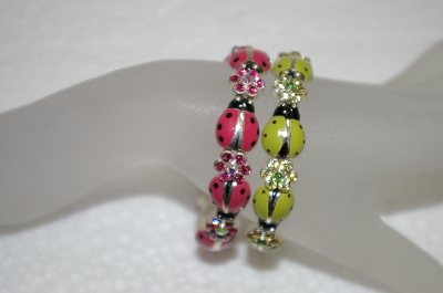 +MBA #20-778  Set Of 2 Pink & Green Lady Bug Stretch Bracelets