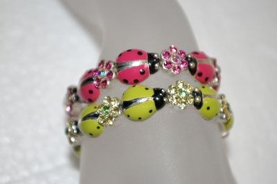 +MBA #20-778  Set Of 2 Pink & Green Lady Bug Stretch Bracelets