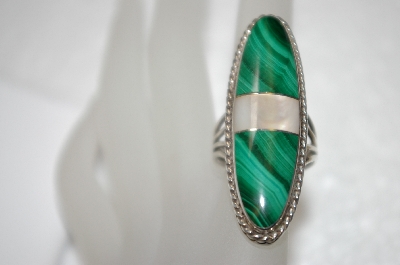 +MBA #20-828  Long Sterling Malachite & Mother Of Pearl Ring