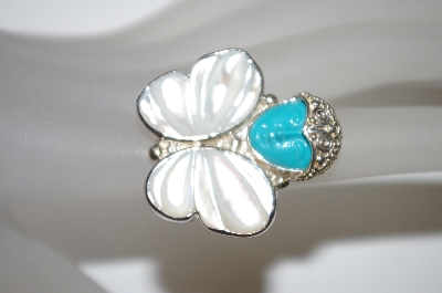 +MBA #21-467  "Sajen Sterling Mother Of Pearl & Blue Turquoise Ring