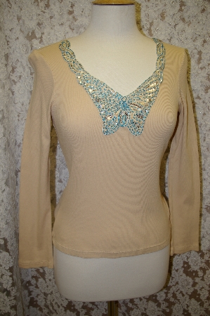 +MBA #16-013  "Body Centeral Tan Hand Beaded Butterfly Long Sleve Top
