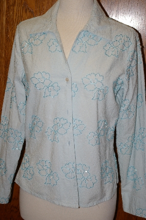 +MBA #24-496  "Coldwater Creek One Of A Kind Hand Beaded  Large Blue Embroidered Shirt