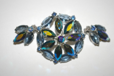 +MBA #24-305   Three Shades Of Blue & Ab Crystal Brooch & Matching Clip On Earrings