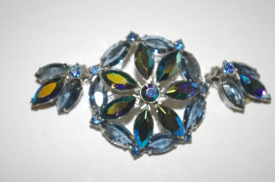 +MBA #24-305   Three Shades Of Blue & Ab Crystal Brooch & Matching Clip On Earrings