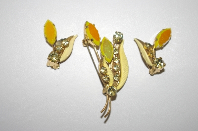 +MBA #23-360  Vintage Made In Austria Yellow Glass & Pale Yellow Crystal Pin & Matching Clip On Earrings