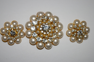 +MBA #25-440   Glass Pearl & Clear Crystal Pin & Earring Set