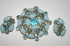 +MBA #25-820  Vintage Blue Glass Pin & Matching  Clip On Earrings