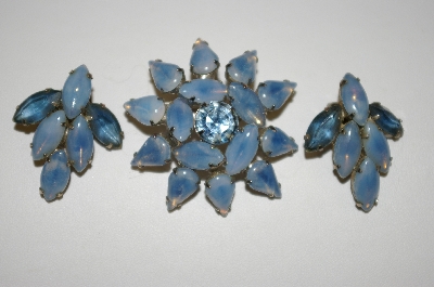 +MBA #25-625  Vintage Blue Glass & Rhinestone Pin & Earring Set
