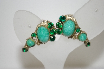 +MBA #6-1239   Vintage Green Stone & Rhinestone Clip On Earrings