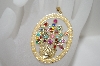 +MBA #6-1065  Vintage Gold Tone Multi Colored Rhinestone & Faux Pearl Flower Pendant