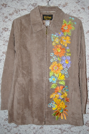 +MBA #34-022   "Tan Bob Mackie Floral Embroidered Suede Coat