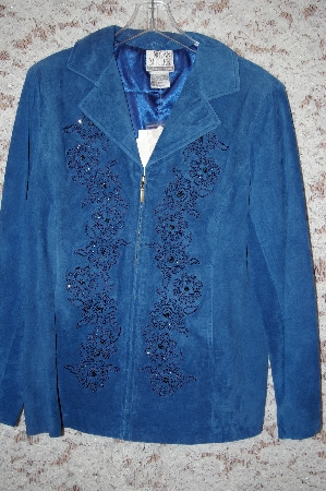 +MBA #34-070   "Denim Blue Nolan Miller Beaded Floral Embroidered Fully Lined Suede Jacket