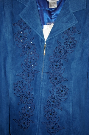 +MBA #34-070   "Denim Blue Nolan Miller Beaded Floral Embroidered Fully Lined Suede Jacket