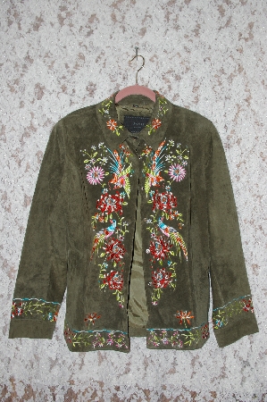 +MBA #35-015  "Olive Green Avanti Floral Embroidered Suede Jacket