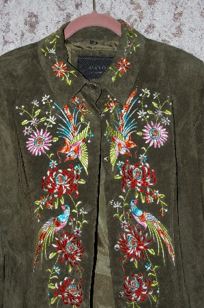 +MBA #35-015  "Olive Green Avanti Floral Embroidered Suede Jacket