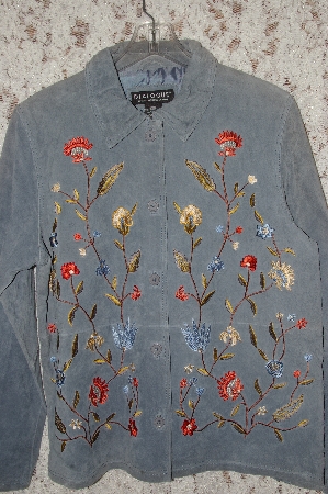 +MBA #35-046  Slate Blue Dialogue Floral Embroidered Suede Jacket