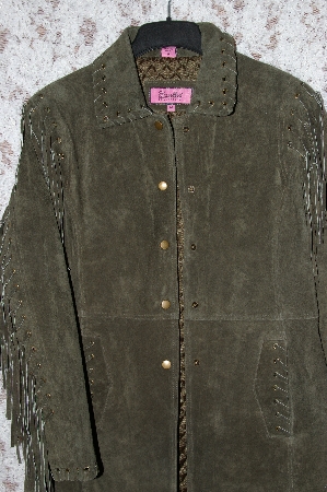 +MBA #35-031   "Green Excelled Fringe & Whip Stitch Detail Suede Jacket