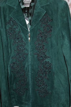 +MBA #36-055  "Dark Green Nolan Miller Beaded Floral Fully Lined Suede Jacket