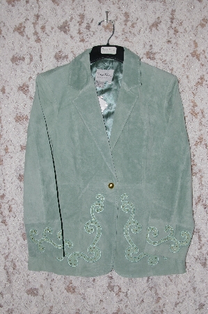 +MBA #36-062   "Green Topaz Pamela McCoy 28" One Button Suede Blazer With Nappa Insets
