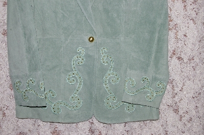 +MBA #36-062   "Green Topaz Pamela McCoy 28" One Button Suede Blazer With Nappa Insets