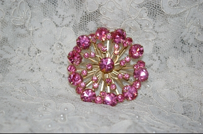 +  Round Pink Crystal Brooch W/Matching  Clip On Earrings