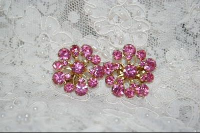 +  Round Pink Crystal Brooch W/Matching  Clip On Earrings