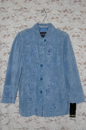 +MBA #49-044   "Bernardo "Sapphire Blue" Floral Embroidered Suede Coat