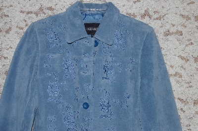 +MBA #49-044   "Bernardo "Sapphire Blue" Floral Embroidered Suede Coat