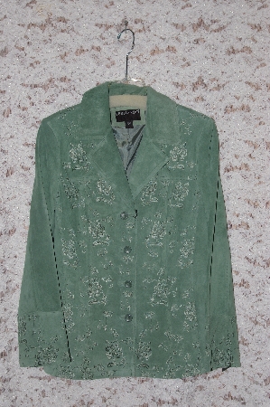 +MBA #49-041  "Bernardo "Eucalyptus Green" Floral Embroidered Suede Jacket
