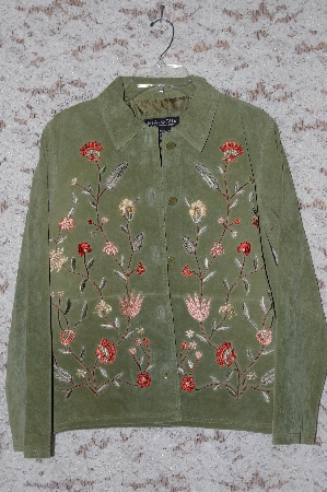 +MBA #49-035   "Dialogue "Green" Floral Embroidered Suede Jacket