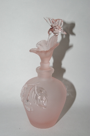 +MBA #55-239 Vintage Pink Satin Glass  Perfume Bottle With Hummingbird Glass Stopper