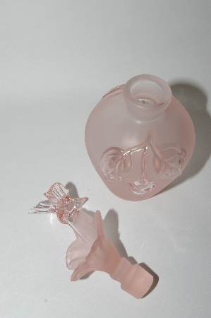 +MBA #55-239 Vintage Pink Satin Glass  Perfume Bottle With Hummingbird Glass Stopper