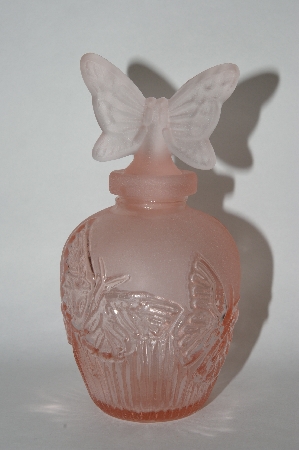 +MBA #55-211  Vintage Satin & Clear Pink Glass Perfume Bottle With Butterfly Stopper