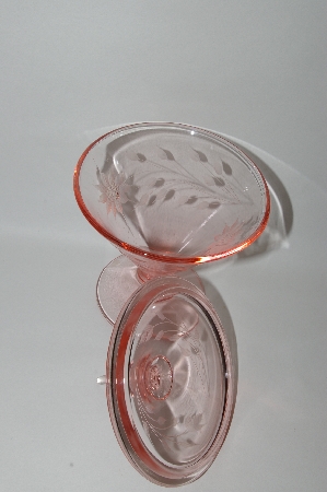 +MBA #57-060  Vintage Pink Floral Etched Depression Glass Candy Dish With Lid