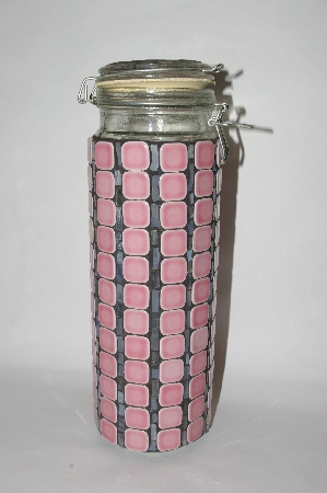  +MBA #57-030  "Tall Hand Done Pink Ceramic Tile & Stained Glass Canister