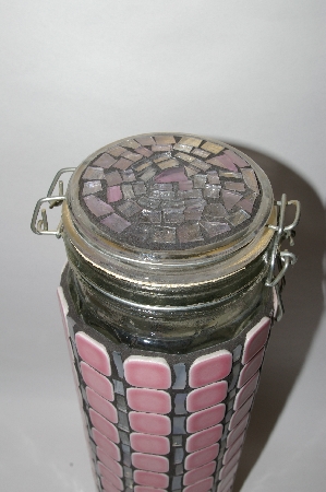  +MBA #57-030  "Tall Hand Done Pink Ceramic Tile & Stained Glass Canister