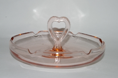 +MBA #59-153  "1920's  Vintage Pink Depression Glass Heart Handled Candy Dish
