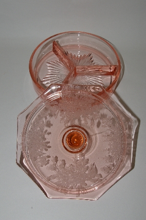 +MBA #59-145  Vintage Pink Depression Glass Candy Dish With Floral Etched Lid