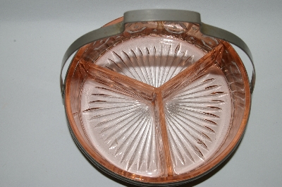 +MBA #59-052  1930's  Vintage Pink Depression Glass Divided Dish With Metal Basket Carrier