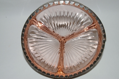 +MBA #59-052  1930's  Vintage Pink Depression Glass Divided Dish With Metal Basket Carrier