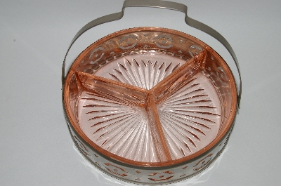 +MBA #69-056  Vintage Pink Depression Glass Divided Dish With Metal Basket Carrier