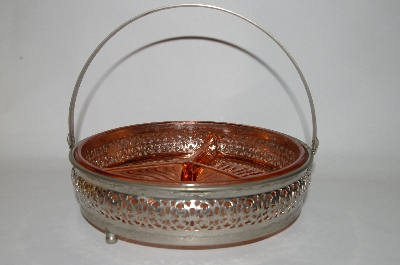 +MBA #60-315  Vintage Pink Glass Section Dish With Metal Basket