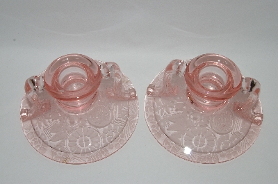 +MBA #60-207   "Elegant Vintage Pink Glass Two Handled Set Of Candle Stick Holders