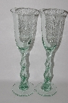 +MBA #61-178   "2003 Riekes Spanish Green Glass Set Of 4 Tall Hammer Finished Champagne Glass's"