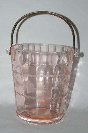 +MBA #61-095  Vintage Pink Depression Glass Floral Etched Ice Bucket With Handle